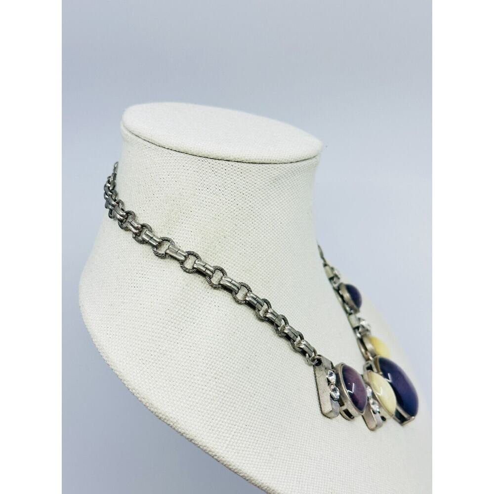 Womens Statement Necklace Iridescent Purple Yellow Cabochon Silver Tone Jewelry - Picture 3 of 9